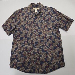 Vintage Silk Route by Nak Mens Small Blue Geometric Abstract Silk Button Shirt